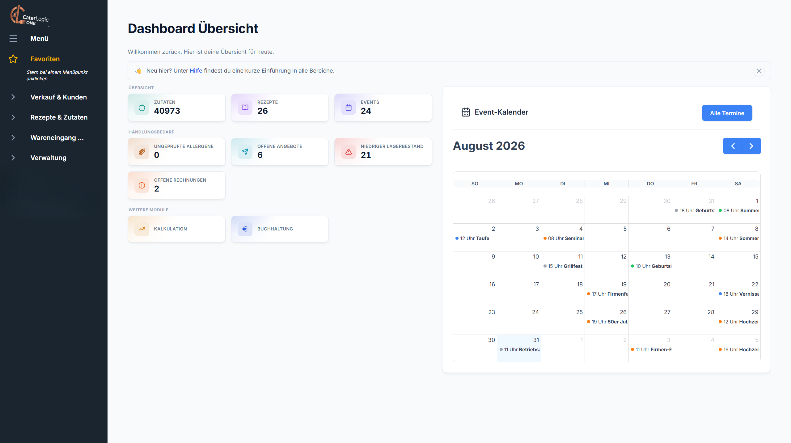 Caterlogic Dashboard Übersicht mit Handlungsbedarf-Kacheln