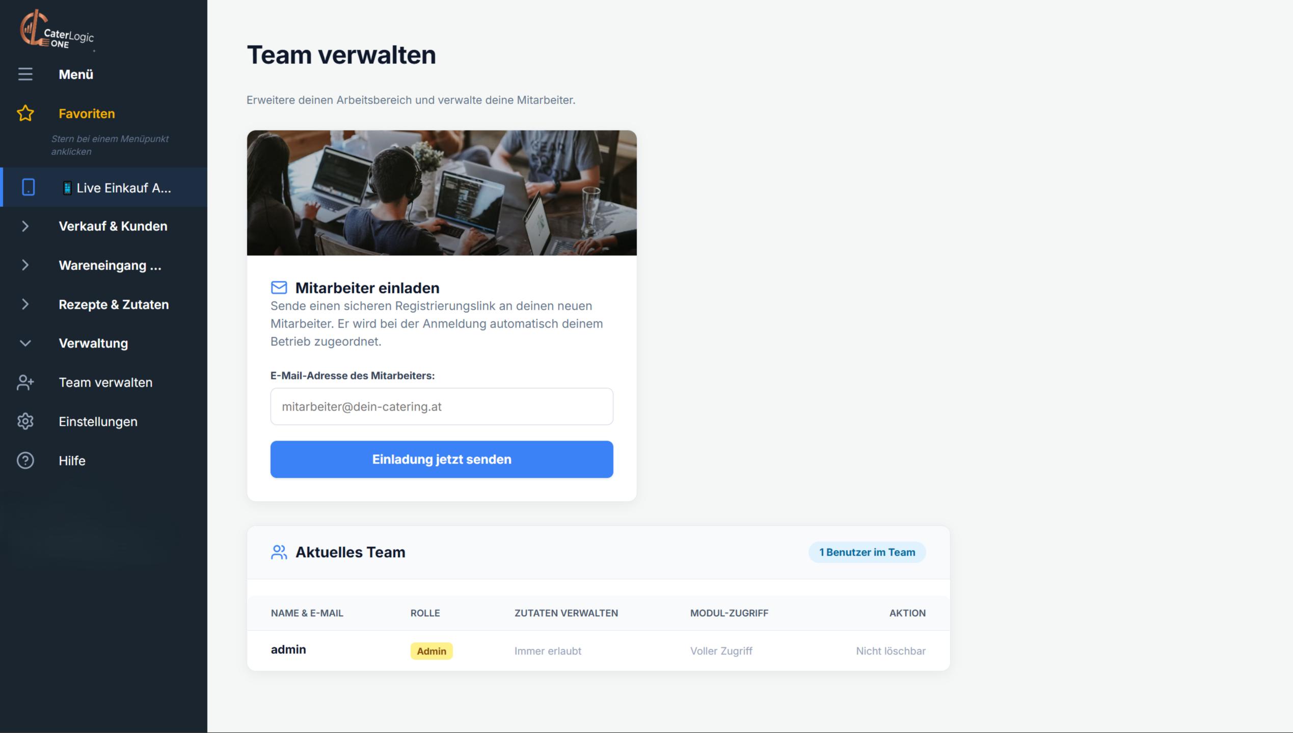 Teamverwaltung: Mitarbeiter einladen