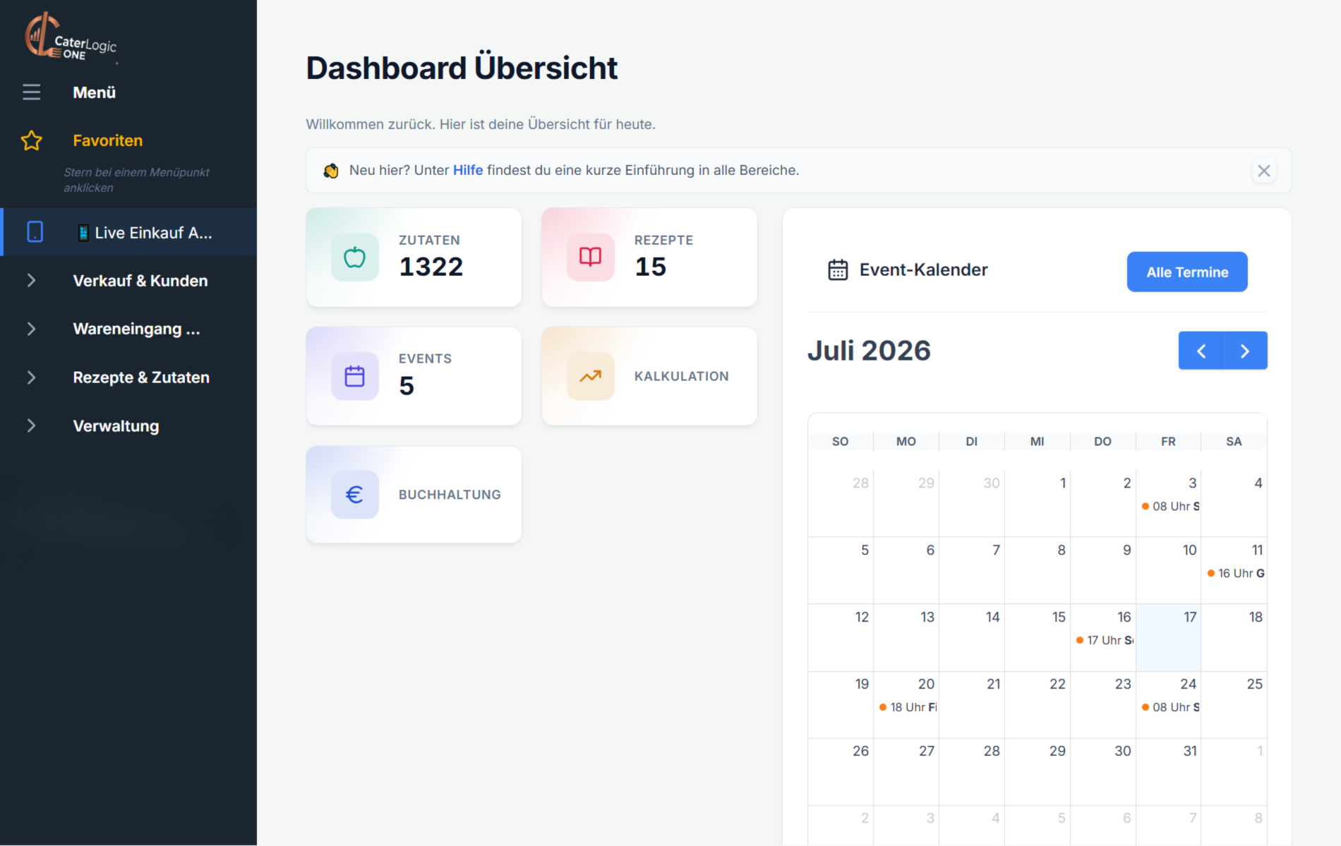 Caterlogic Dashboard Übersicht