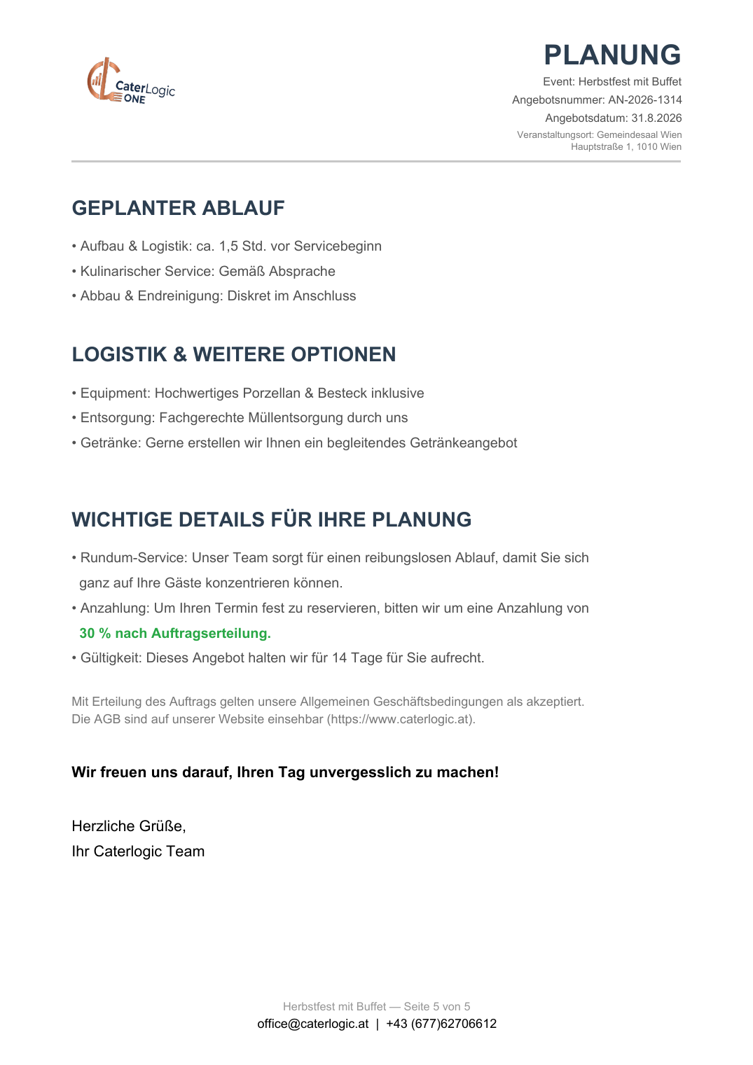 Angebots-PDF – Planung, Anzahlung und Gültigkeit