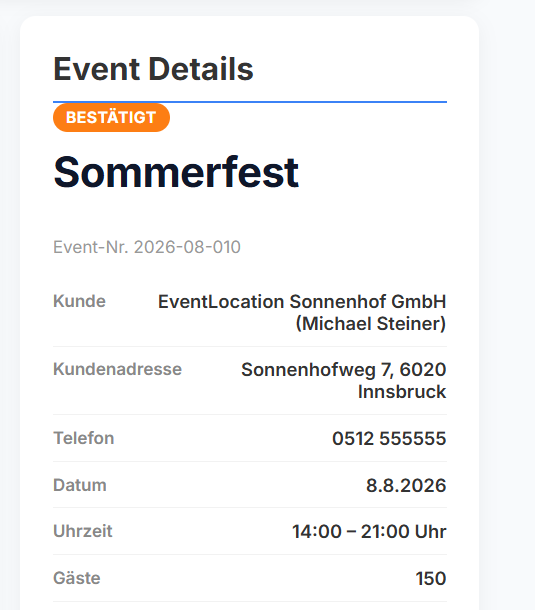 Event-Details mit Status "Bestätigt" in Caterlogic ONE