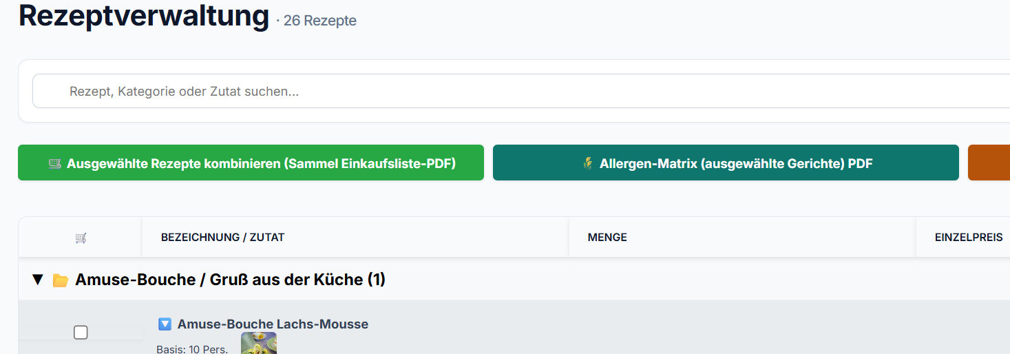 Rezeptverwaltung in Caterlogic ONE