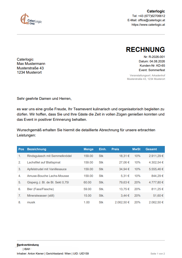 Rechnungs-PDF Seite 1 mit Positionen und MwSt je Zeile