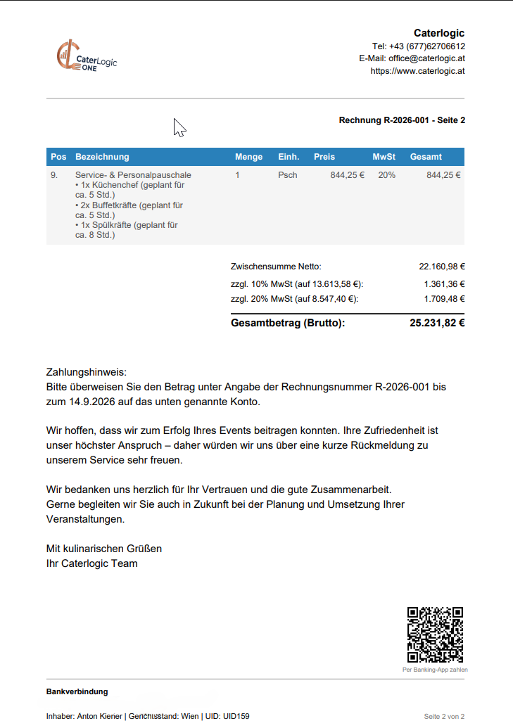 Rechnungs-PDF Seite 2 mit Summenblock und Zahlungs-QR