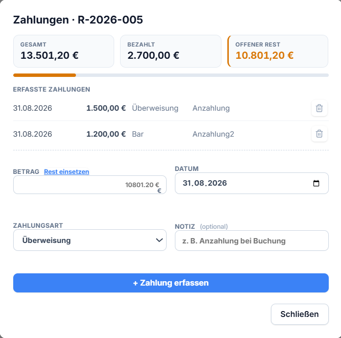 Dialog zur Erfassung von Anzahlungen und Teilzahlungen