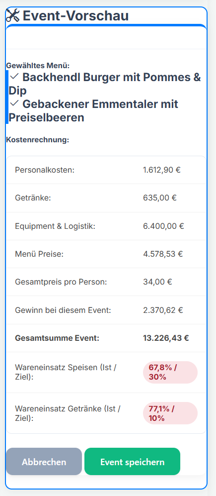 Live-Kostenrechnung Sidebar