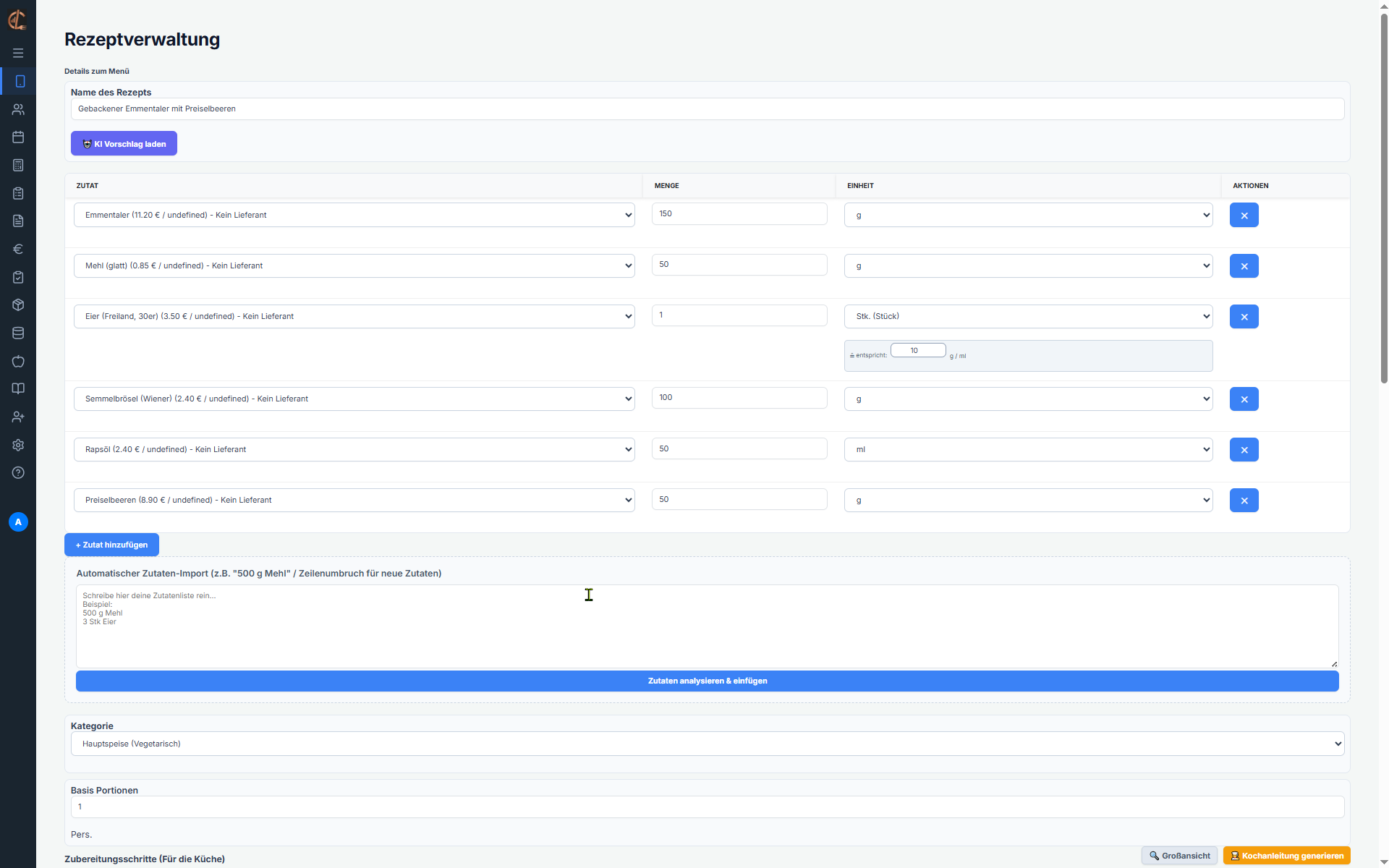 Caterlogic Rezeptverwaltung Dashboard