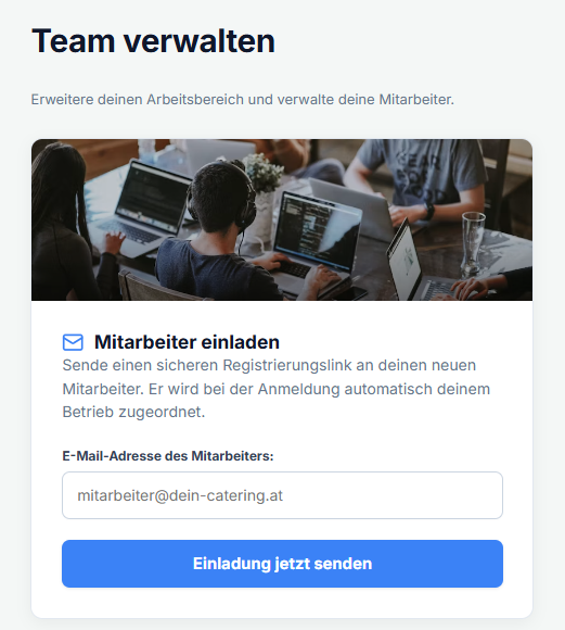 Teamverwaltung: Mitarbeiter einladen